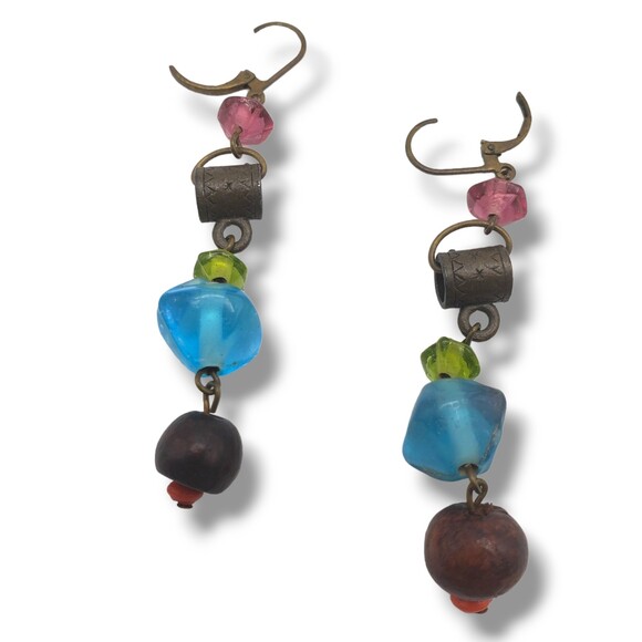 Brass Tone Dangle Drop Long Earrings Mixed Bead Leverback Boho - Picture 3 of 6